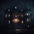 Enchanted Midnight: Creepy Manor Amidst a Dark Knight. Created using Ai Royalty Free Stock Photo