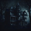 Enchanted Midnight: Creepy Manor Amidst a Dark Knight. Created using Ai Royalty Free Stock Photo