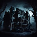 Enchanted Midnight: Creepy Manor Amidst a Dark Knight. Created using Ai