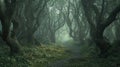 Enchanted Misty Forest Path with Twisted Trees and Greenery