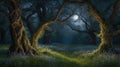 Enchanted Forest Glade Under Moonlight, Where Ancient Trees Stand Guard in Mysterious Ambience. Royalty Free Stock Photo