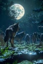 Enchanted Moonlit Forest Scene with Mystic Wolves by a Stream under a Full Moon Royalty Free Stock Photo