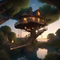 An enchanted, moonlit treehouse village with bridges of moonbeams connecting homes5