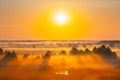 Enchanted Morning Sun Shines On Plain. Sunrise Natural Background. Aerial View Amazing Misty Plain Landscape. Morning