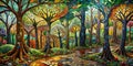 Enchanted mosaic forest path a whimsical journey through a colorful woodland scene. Generative AI
