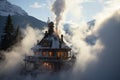 A picturesque wooden cabin emits warmth in a snowy alpine setting, surrounded by ethereal mist and towering snow-capped peaks.