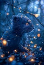 Enchanted Night Forest Scene with Mystical Blue Light and Magical Glowing Particles Surrounding a Mysterious Dark Furred Creature Royalty Free Stock Photo