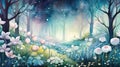 Enchanted Night Garden with Tulips and Stars. Artistic night scene of a mystical garden with glowing tulips under a
