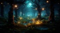 Enchanted Night Mystical Magical Forest with Glowing Lights. created with Generative AI