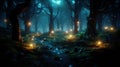 Enchanted Night Mystical Magical Forest with Glowing Lights. created with Generative AI