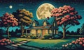 Enchanted Night: A Tree in a Garden, Moonlit Sky, and a House on the Horizon