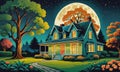 Enchanted Night: A Tree in a Garden, Moonlit Sky, and a House on the Horizon