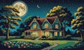 Enchanted Night: A Tree in a Garden, Moonlit Sky, and a House on the Horizon