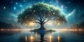 Enchanted Nights Illuminated Tree by the Mystical Waters AI-Generated Content