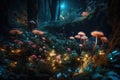 Enchanted Nighttime Forest with Glowing Flowers and Lights. Perfect for Fantasy Book Covers.