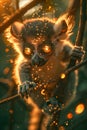 Enchanted Nocturnal Primate Among Glowing Lights in Mystical Forest Setting