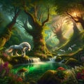 Enchanted Oasis: AI-Generated Unicorns Amidst Ancient Woodland Pond