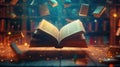 Enchanted open book with floating pages in mystical library setting