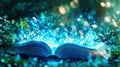 Enchanted open book glowing with magic in mystical forest setting