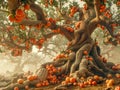 Enchanted Orange Grove with Sunlight Filtering Through Mist Majestic Tree Laden with Ripe Citrus Fruits in a Fairytale like