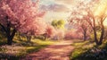 Enchanted Path Through a Cherry Blossom Grove at Sunset Royalty Free Stock Photo