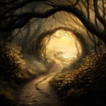 enchanted pathway glowing with a soft golden haze, fantasy art, AI generation