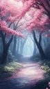 Enchanted Pink Blossom Forest Path: A Dreamy Walk Royalty Free Stock Photo