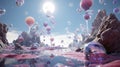 Enchanted Pink Forest and Floating Spheres: A Dreamy Fantasy Landscape.