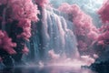 Enchanted Pink Waterfall Oasis with Serene Skies. Concept Enchanted Oasis, Pink Waterfall, Serene Royalty Free Stock Photo