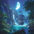 Enchanted Pirate Cove with Moonlit Palms Royalty Free Stock Photo