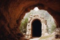 Enchanted portal in ancient stone arch fairytale background. Mysterious place in rock cliff tunnel with way to other