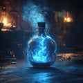 Enchanted Potion Bottle with Mystical Blue Smoke and Dim Lighting Royalty Free Stock Photo