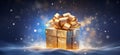 Enchanted Present: Glowing Gift Box Amidst a Sparkling Blue Holiday Dreamscape. Generative ai