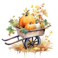 Enchanted Pumpkin Bounty: Wheelbarrow Watercolor Isolated on White Background - Generative AI