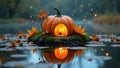 Enchanted pumpkin lantern on leafy pond during autumn evening Royalty Free Stock Photo