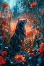 Enchanted Rainy Forest Scene with Wolf Amidst Blossoming Flowers in Dreamy Landscape