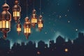 Enchanted Ramadan Lanterns Aglow Against a Starry Night Sky. GenerativeAI