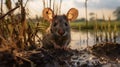 Enchanted Realism: A Charming Mouse Covered In Mud Standing In A Savannah Meadow