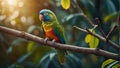 Enchanted Realm A Colorful Parrot in a Magical Forest Under the Golden Sun\'s Warm Glow