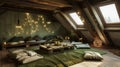 Enchanted Retreat: Rustic Fairytale Attic Room in Mossy Green and Earthy Browns