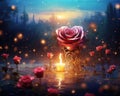 The enchanted rose landscape has hearts and a candle.