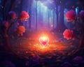The enchanted rose landscape has hearts and a candle.