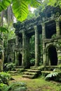 Enchanted Ruins In Lush Forest: A Gathering Place For Palm Spirits