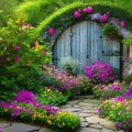 1249 Enchanted Secret Garden: A magical and enchanting background featuring an enchanted secret garden with blooming flowers, hi