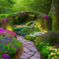 1089 Enchanted Secret Garden: A mystical and enchanting background featuring an enchanted secret garden with blooming flowers, w