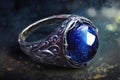 enchanted silver ring with a large, deep blue sapphire AI generation