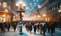 Enchanted Snowfall on Main Street Holiday Shoppers in Winter Glow