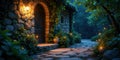 Enchanted stone cottage pathway at twilight with soft lighting and lush greenery. Generative AI Royalty Free Stock Photo