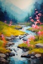 Enchanted Streams: A Dreamy Floral Landscape in Warm Rendition T