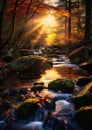 Enchanted Sunrise: A River\'s Journey Through a Forest of Golden